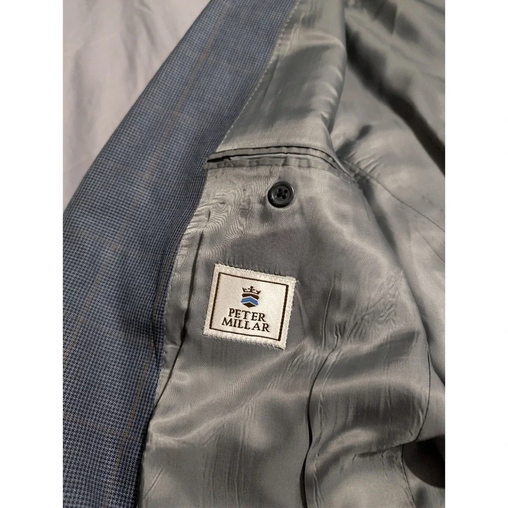 Peter Millar Sport Coat Blazer 46T Blue Windowpane Wool Silk Linen Made Canada
